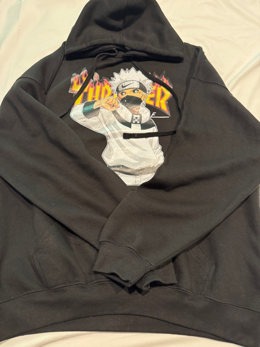 Thrasher Black Hoodie with Colorful Anime Flame Graphic